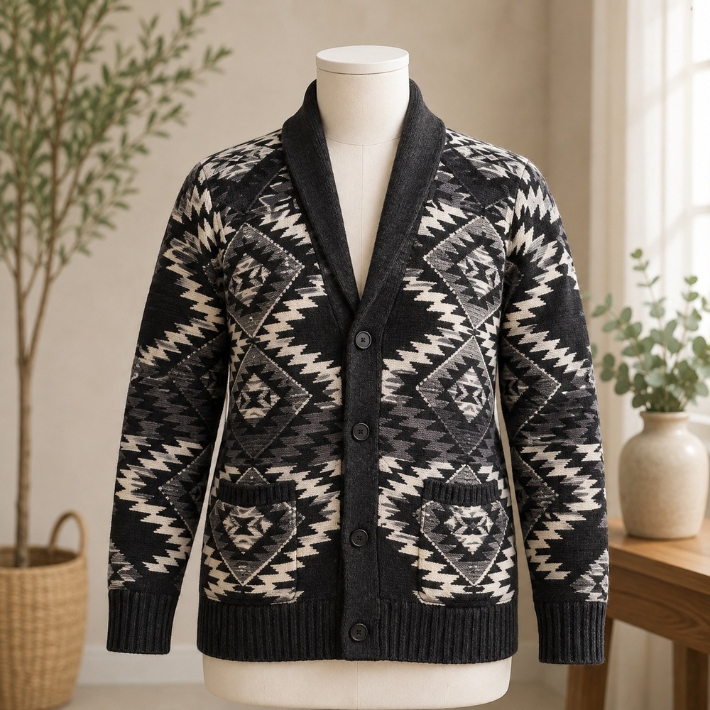 Adam Levine Shawl Collar Cardigan Sweater Mens M Black Gray Southwestern